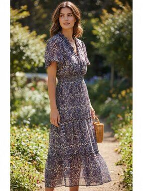 NEW Max Studio Navy & Purple Floral Tiered Midi Dress, Medium